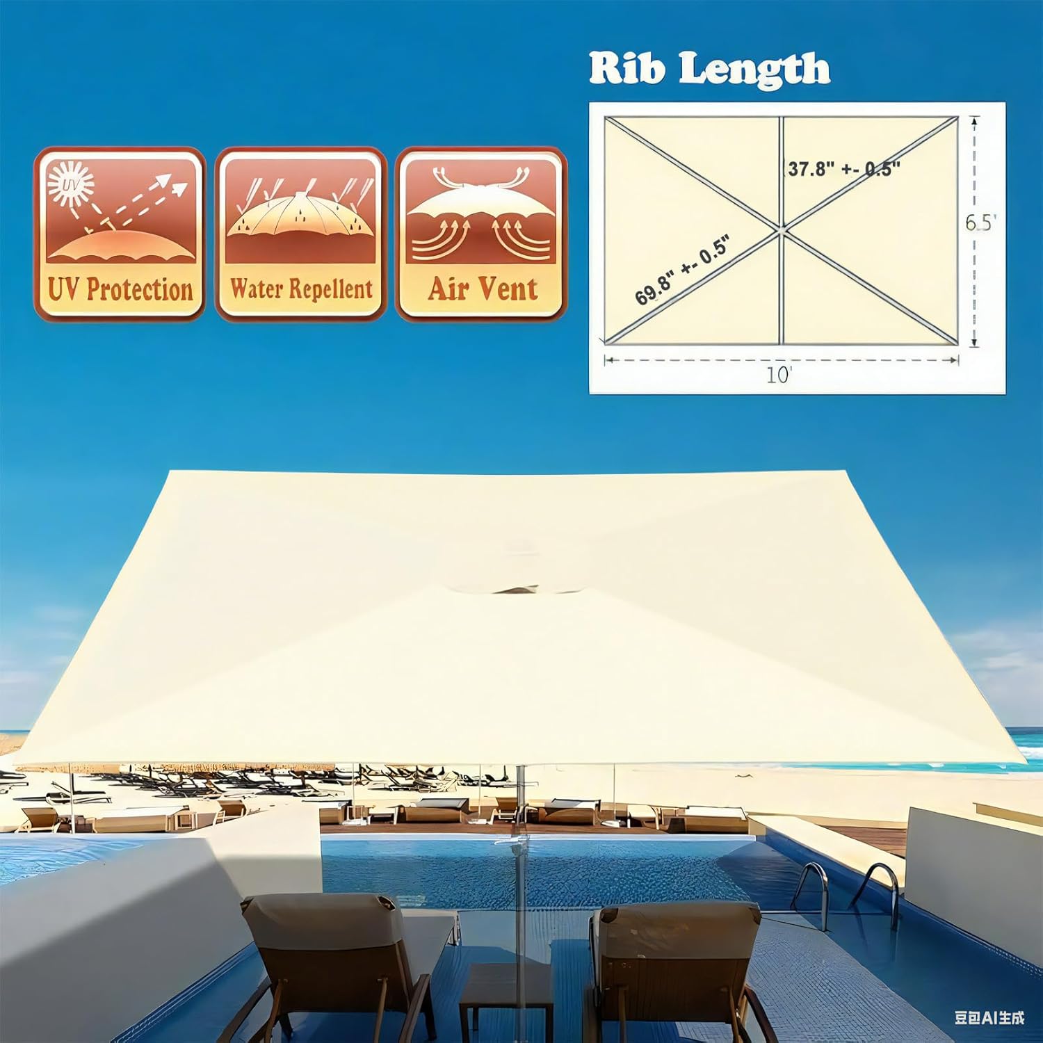 Outdoor Patio Umbrella Replacement Canopy 6 Ribs, 6.5X10 Ft Rectangular Patio Umbrellas Replacement Canopy for Market Table Parasol Top Cover - Heavy Duty Polyester Fabric (Canopy Only),Beige