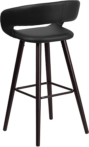 Miniatura 7 de BizChair Taburete de bar redondeado de madera de capuchino de 29 pulgadas de alto en vinilo negro