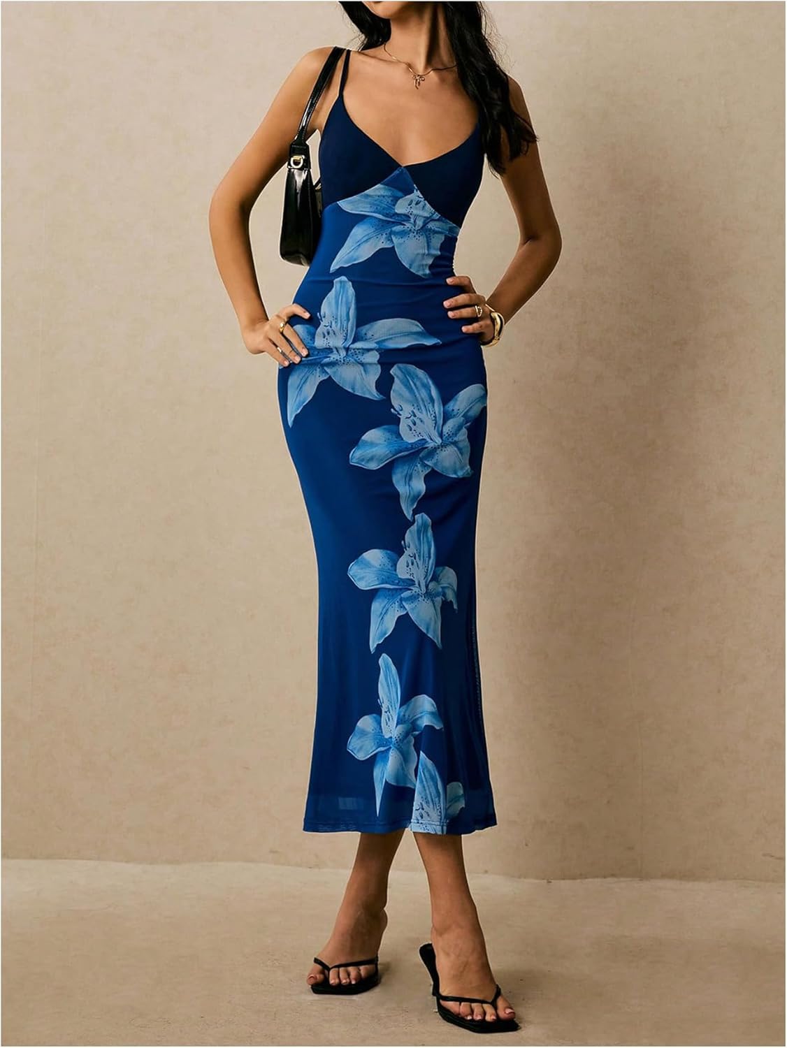 Women's Floral Cami Bodycon Dresses Sleeveless Spaghetti Strap Summer Midi Dress - Image 3