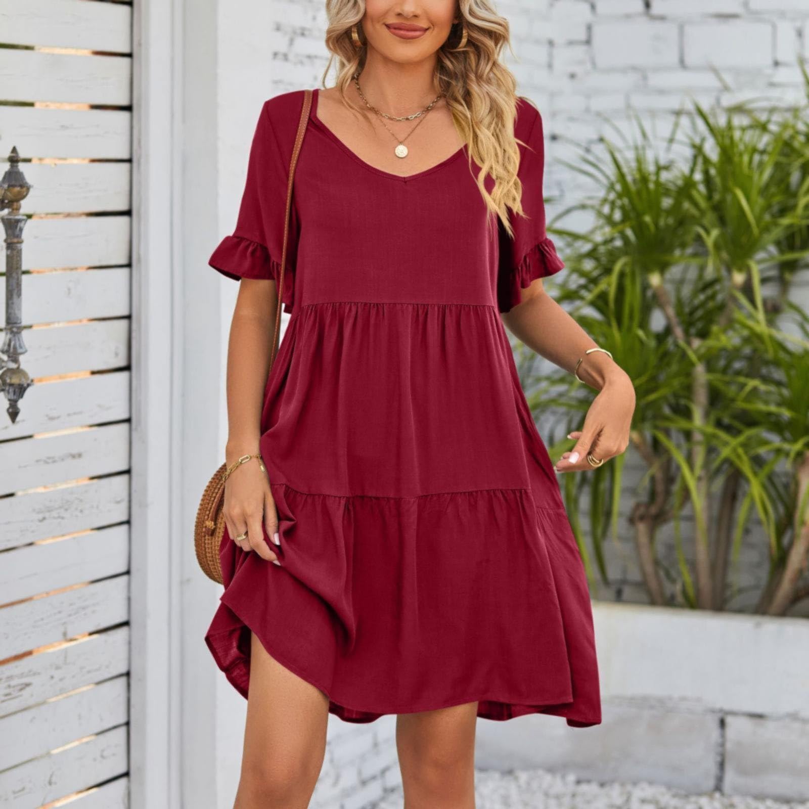 Vestido de verano para mujer, cuello en V, capas con volantes, con bolsillos, línea A, vestido de playa con manga corta