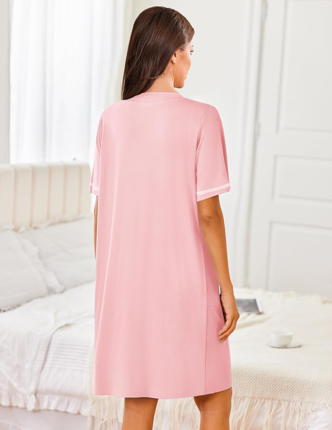 Ekouaer Women Zipper Robes Lightweight Bathrobes Short Sleeves Housecoat Zip Up Robe Casual Nightgown with Pockets Pink,Medium - Image 5