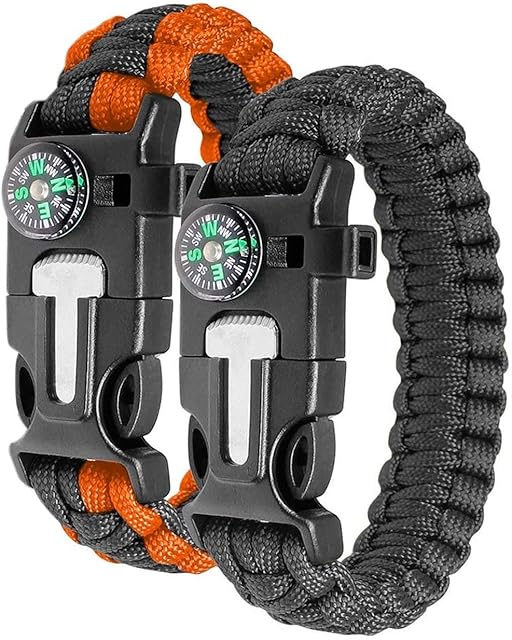 Ember Rock Paracord Survival Bracelet - 2 Pack Survival Kit Firestarter Bracelets - Includes Compass, Firesteel, Whistle and Parachute Cord