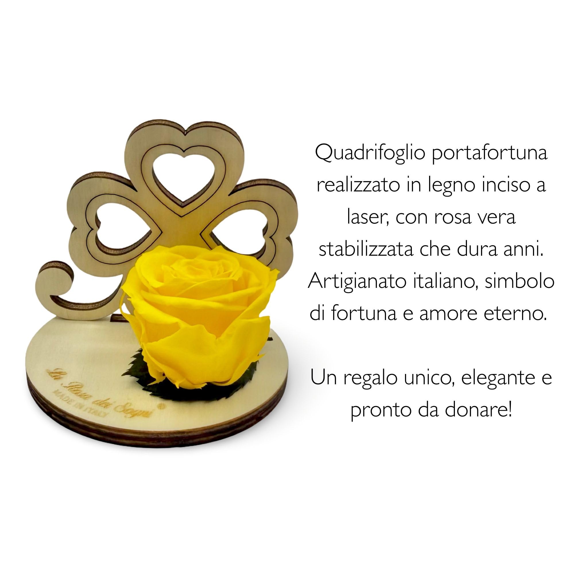 Rosa Stabilizzata con Quadrifoglio in Legno Intaglio Laser – Fiore Naturale a Lunga Durata - Made in Italy (Rosa)
