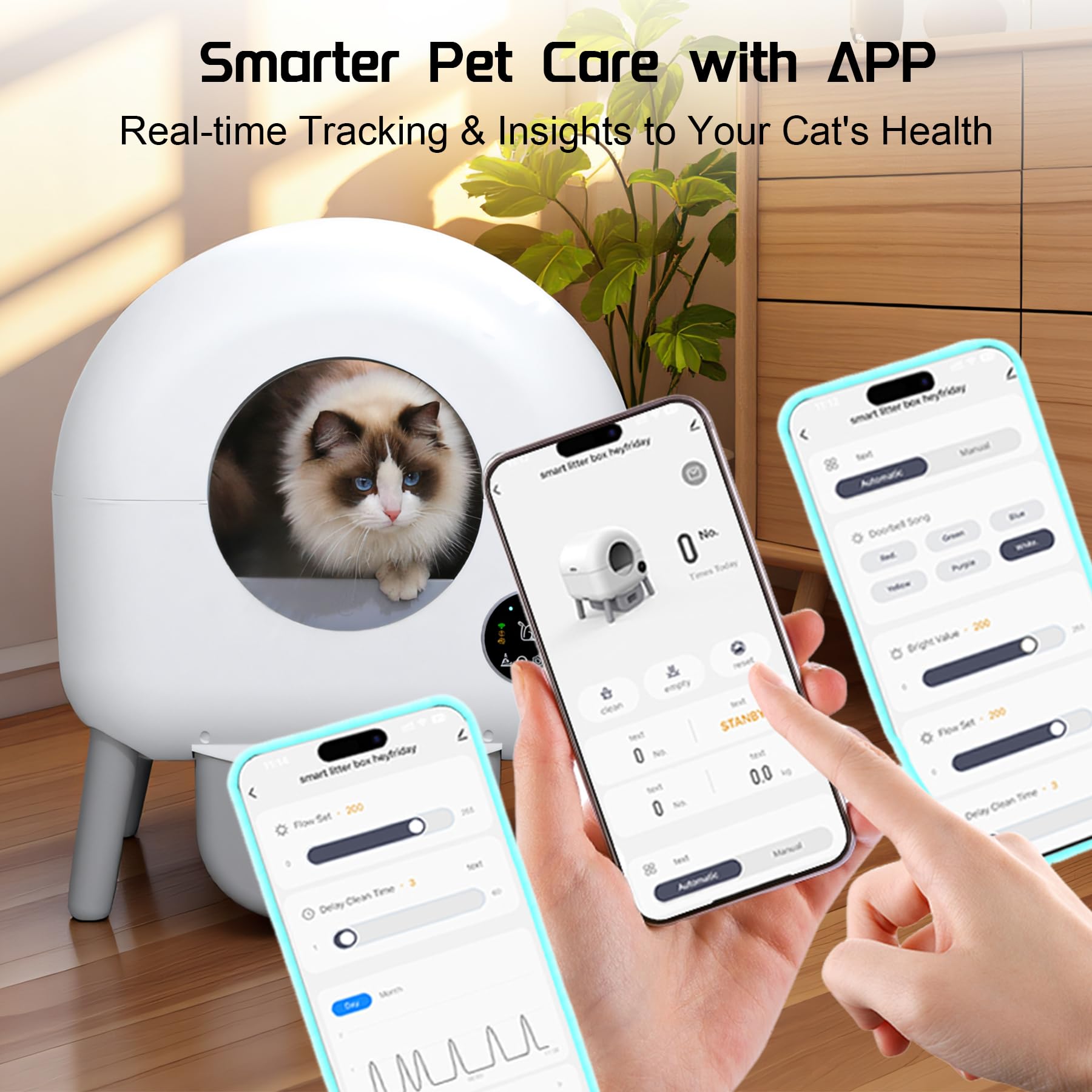 Litière Chat Autonettoyante XXL 76L, App, Anti-Odeur, LED, Multi-Chat | Capteurs sécurité anti-pincement, module parfum anti-odeur, 76L+13L, 1.5-12.5kg, éclairage LED, app poids, multi-chats, 15j.