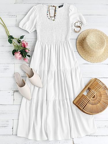 Miniatura 5 de ZESICA Vestido midi casual de verano para mujer, cuello redondo, manga corta abombada, cintura alta, volantes, escalonado, acampanado, para mujer