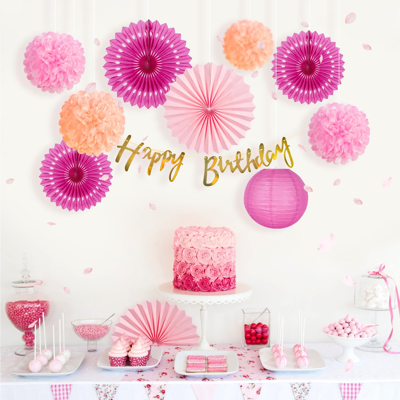 Geburtstagsparty-Deko-Set In Rosa, Weiß & Roségold – 21 Teile Mit Banner, Laternen, Pompoms & Girlanden