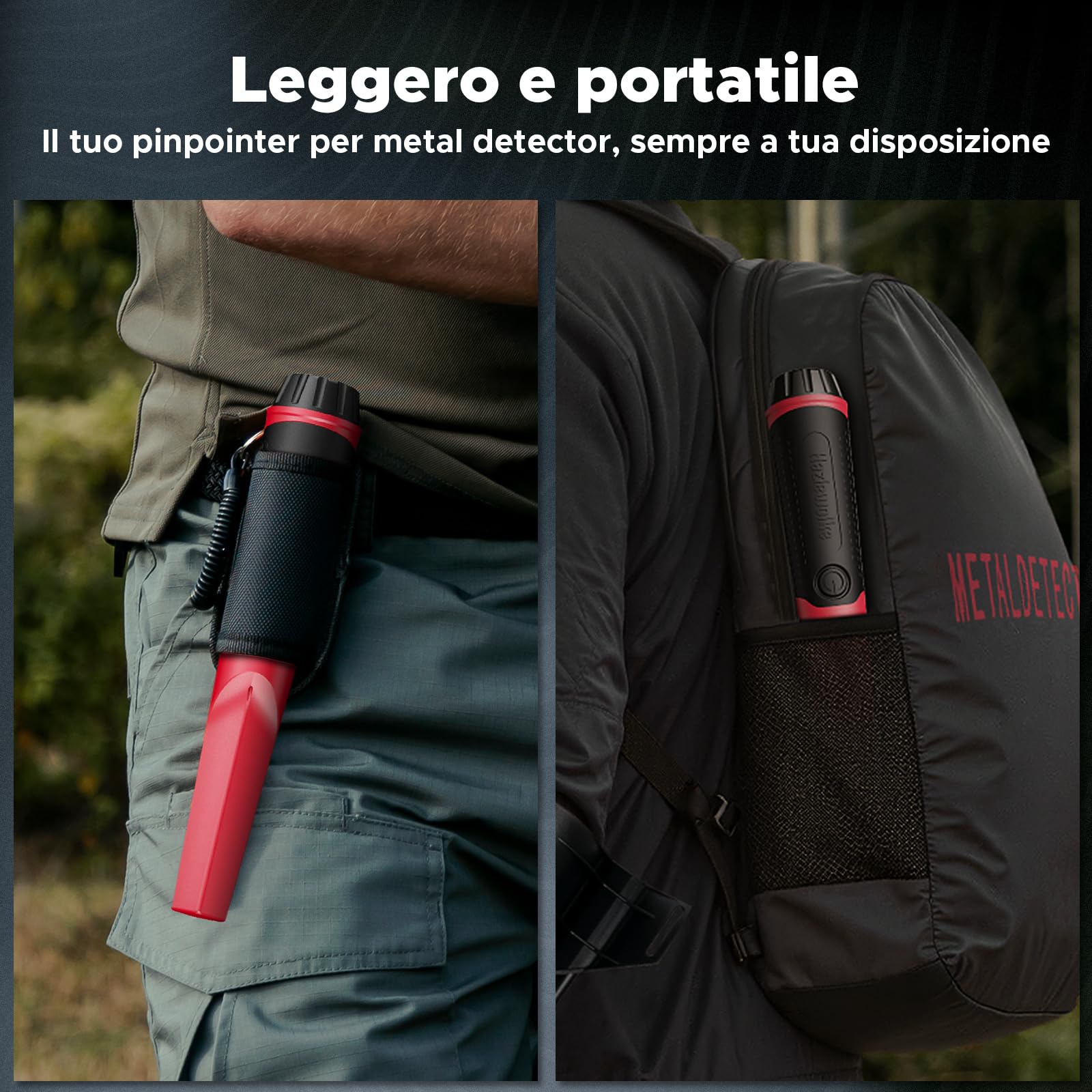 Hazlewolke Pinpointer Metal Detector Portatile, IP68 Rilevatore di Metalli Impermeabile, Profondità 4,5", Rilevamento a 360°, Accessori Pin Pointer per Adulti e Bambini - rosso