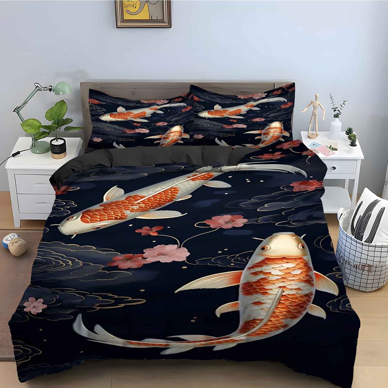 Ensemble de literie 3 pièces avec housse couette microfibre douce motif poisson rouge 220x240