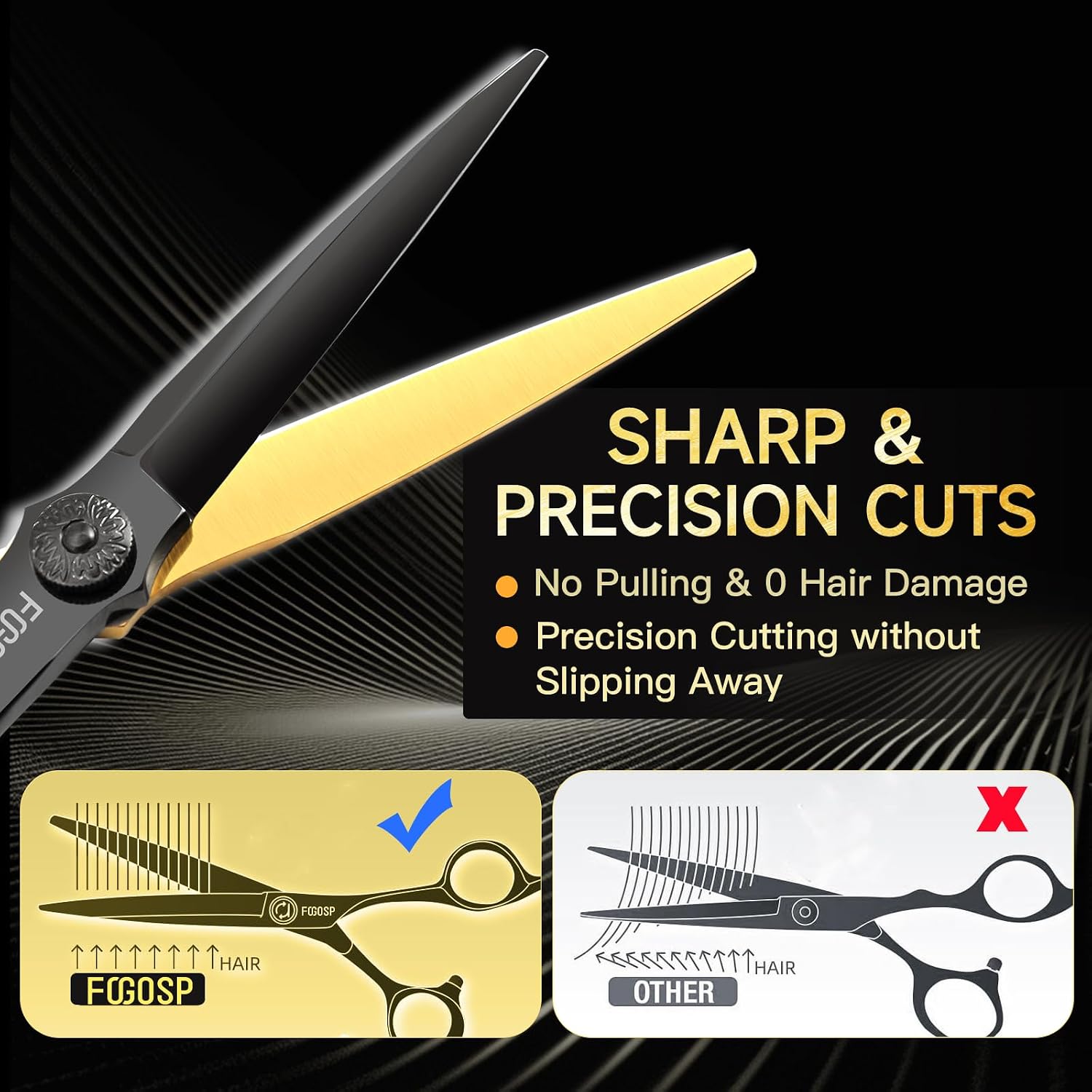 Professional Hair Scissors 6” Barber Scissor Japan 440C Hair Stylist Cutting Scissors Barbers Texturizing Shears Set for Men and Women (Black&Gold, 6in Striaght)