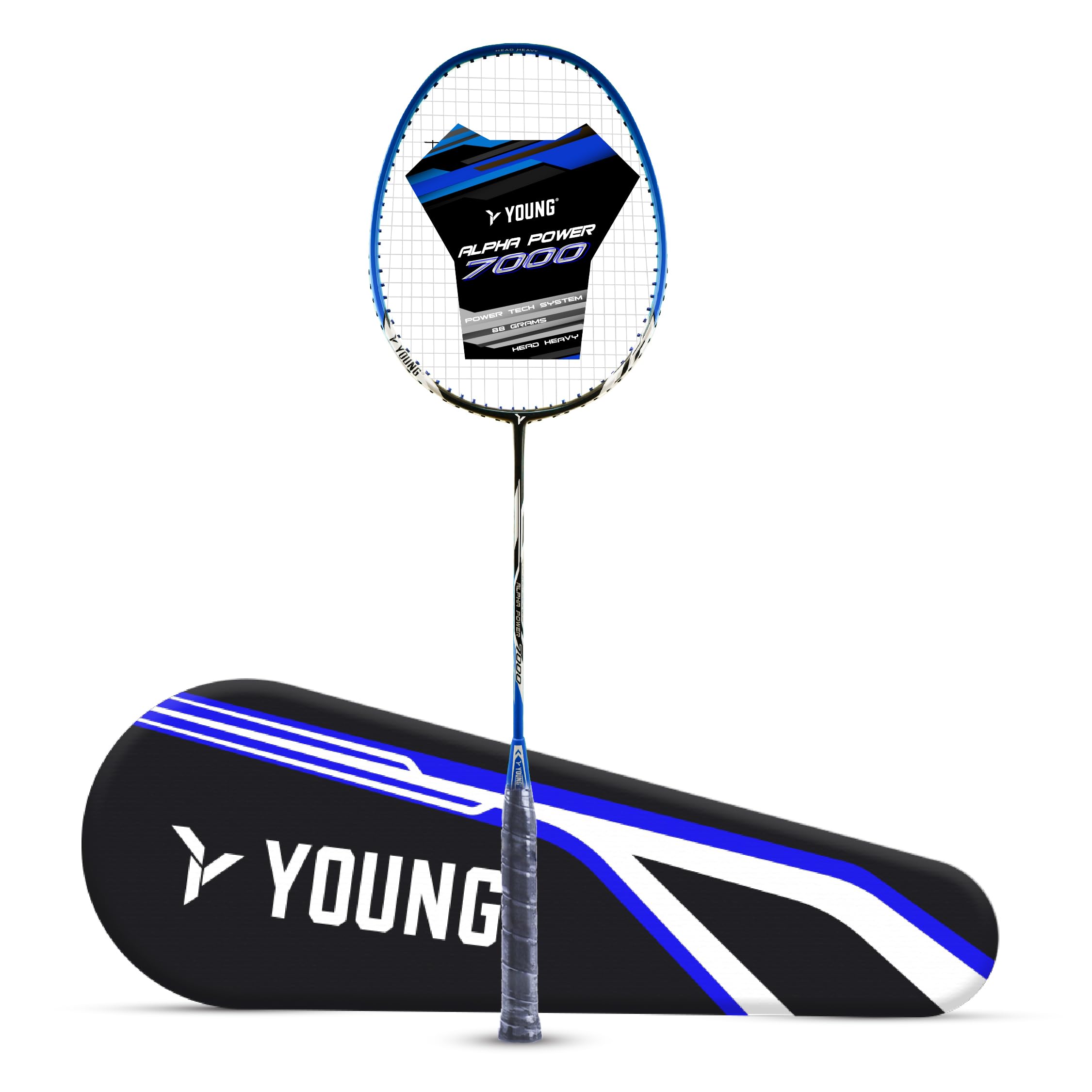 Young Alpha Power 7000 Full Graphite Shaft Badminton Racket with Full Cover | UHM Japanese Graphite | Head Heavy Badminton Racquet (Blue)
