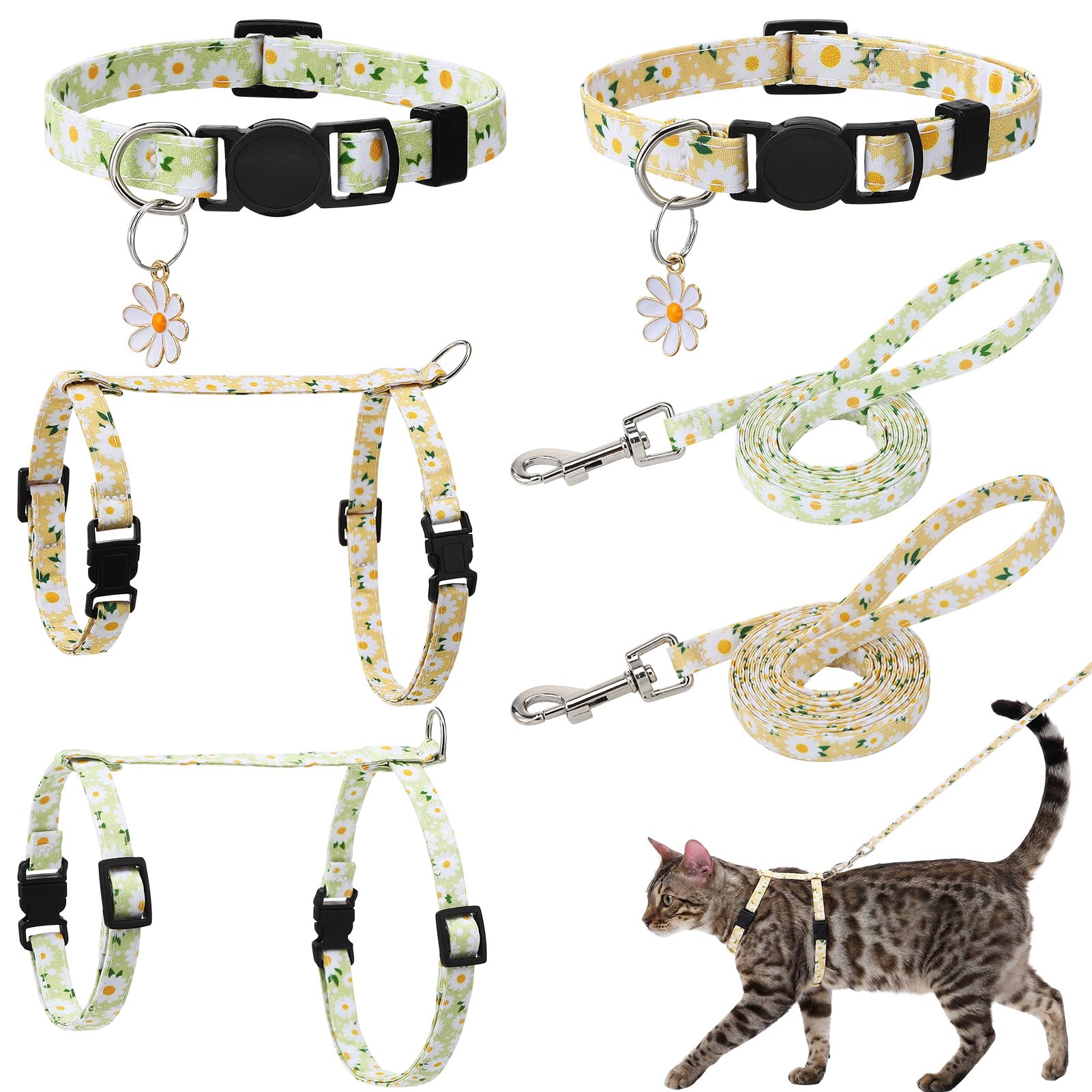 GSrenyu 2 Pack Cat Harness with Leash and Collar Set,Escape Proof Adjustable Cat Harness for Kitty Outdoor Walking(Floral Themed)