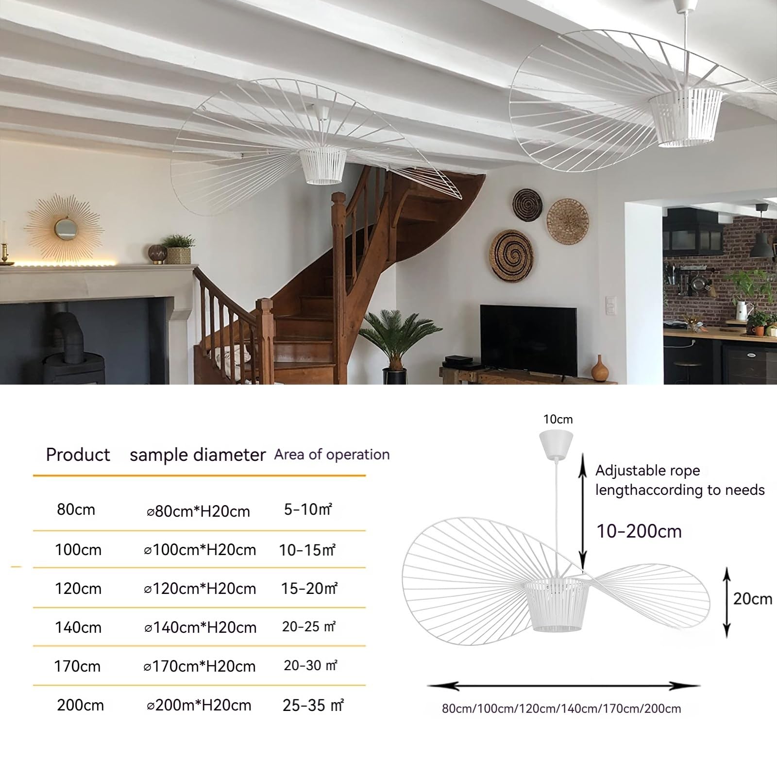 Vertigo Suspension 100cm pour Abat jour, Restaurant, Bar, Café,Blancen Fibre de Verre/Polyuréthane, Simple et Créative Lustre Vertigo E27 pour Restaurant, Abat-Jour (Max 40w),Blanc