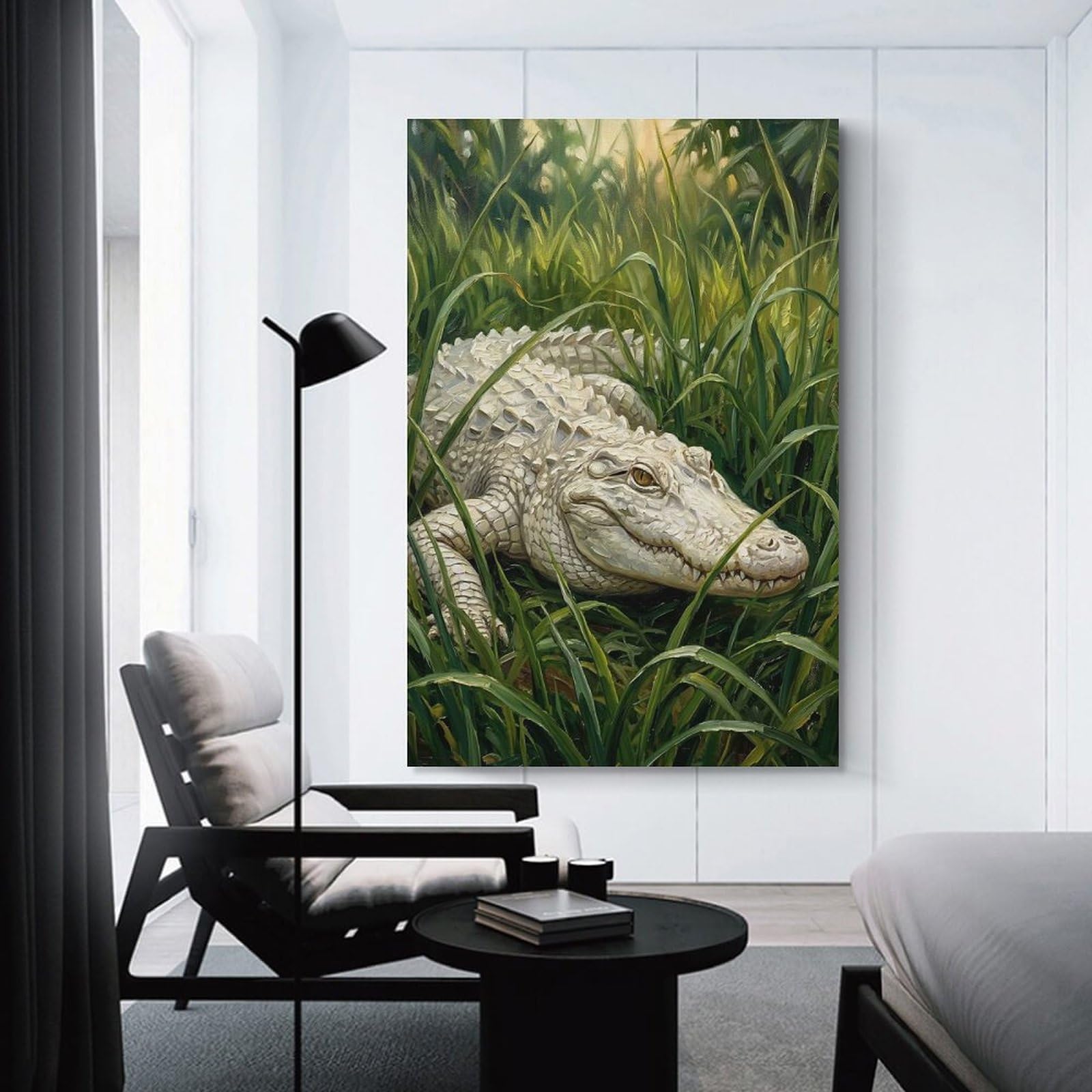 Junmoney Canvas Art Print Albino Alligator in Tall Grass, 16x24inch(40x60cm), for Office, Study Or Home Workspace, Decorative Artwork for Productive Spaces