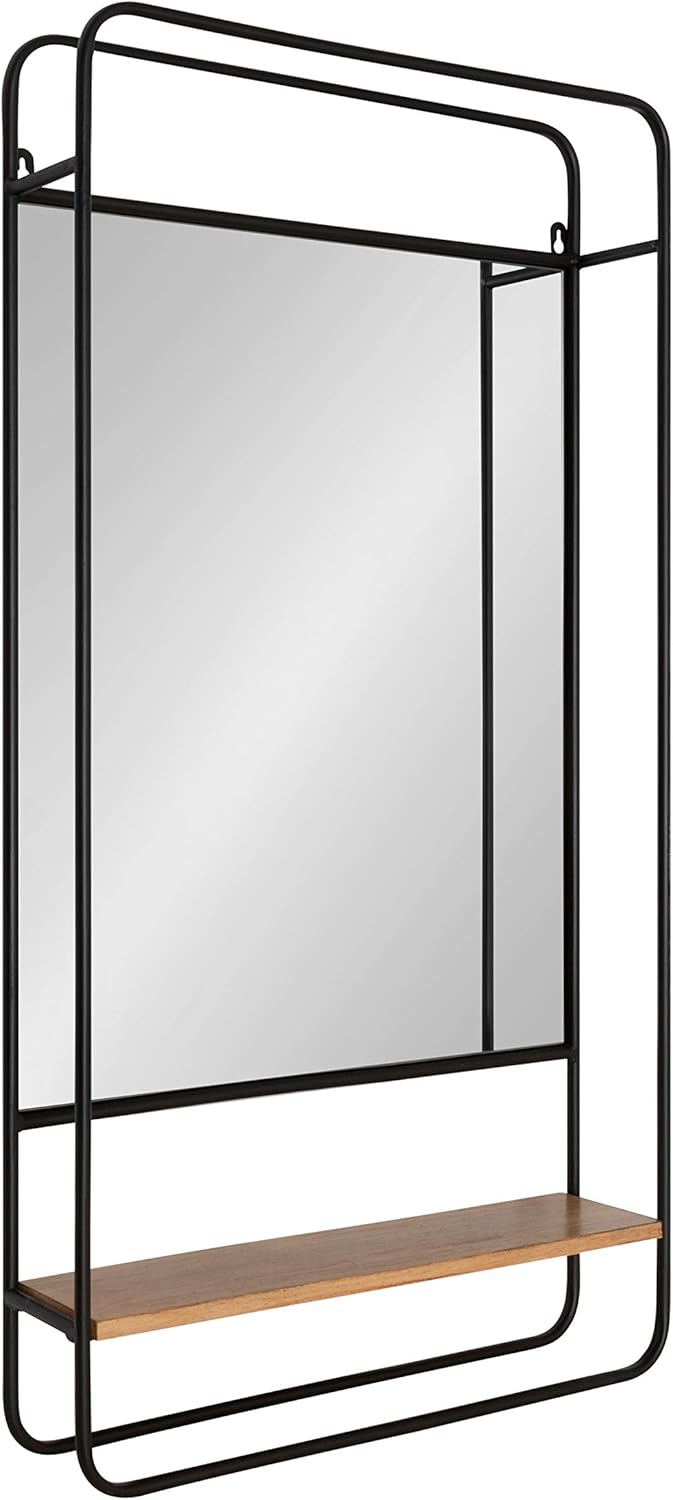 Kate and Laurel Webber Farmhouse Framed Wall Mirror with Shelf, 19 x 36, Rustic Brown and Charcoal Gray, Modern Decorative Mirror for Wall