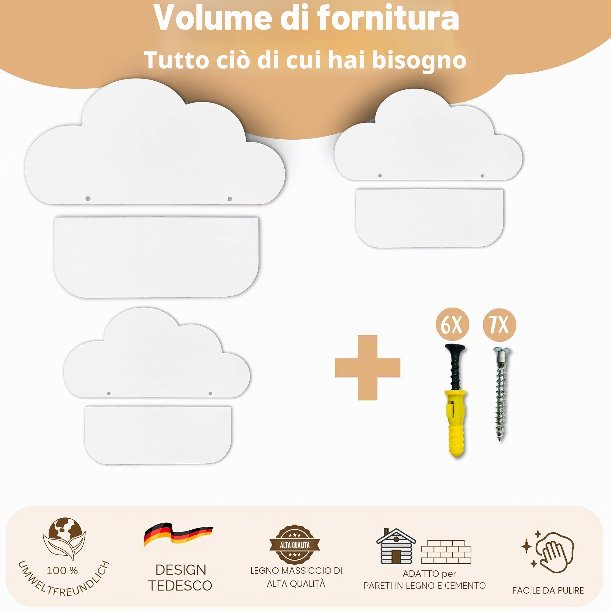 Set di 3 scaffali a nuvola, in legno bianco, facile da pulire e elegante, sostenibile e durevole, design senza tempo, progettato in Germania