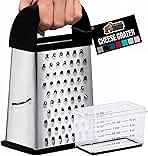 GORILLA GRIP XL 4-Sided Cheese Grater With Container, 100% BPA-Free Stainless Steel Box Graters, Parmesan Shredder, Grate Cheeses, Shred Veggies, Slip Resistant Handle, Dishwasher Safe Zester, Black