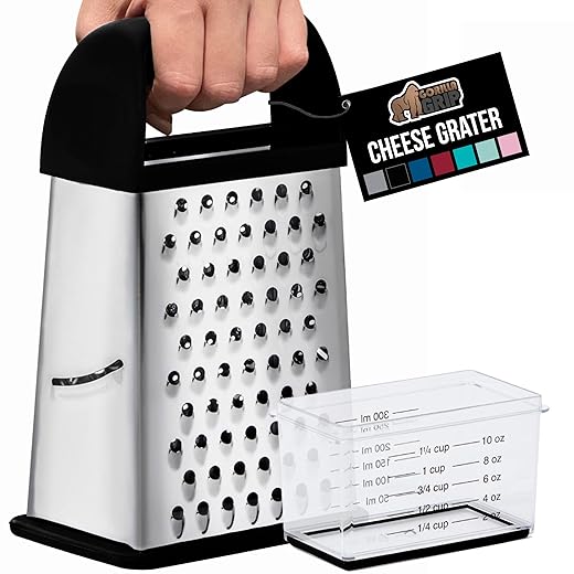 Gorilla Grip Stainless Steel Box Grater, XL Size 4 Sided with Soft Grip Handle and Slip Resistant, Dishwasher Safe Kitchen Handheld for Cheese, Parmesan, Vegetable with Detachable Container, Black