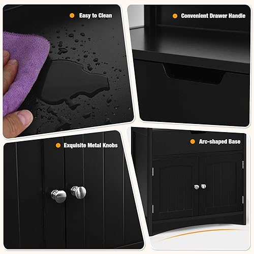 Miniatura 9 de Tangkula Armario de suelo de baño con cajón, 2 estantes abiertos y armario de puerta, gabinete de almacenamiento multiusos para baño, cocina, sala