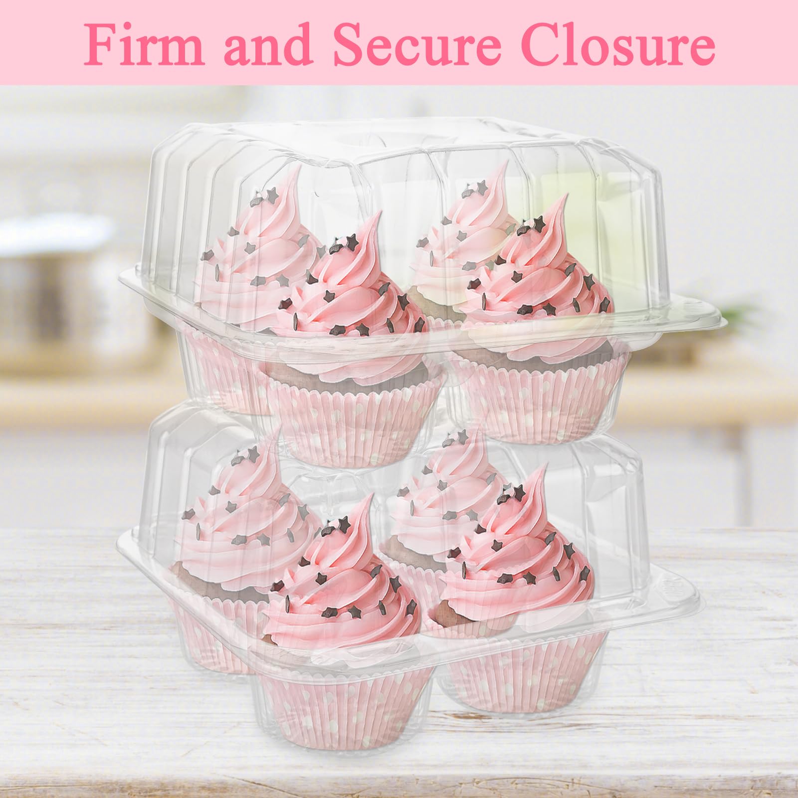 Lot de 50 boîtes à cupcakes empilables en plastique transparent à 4 compartiments, 17 x 17 x 12 cm de profondeur