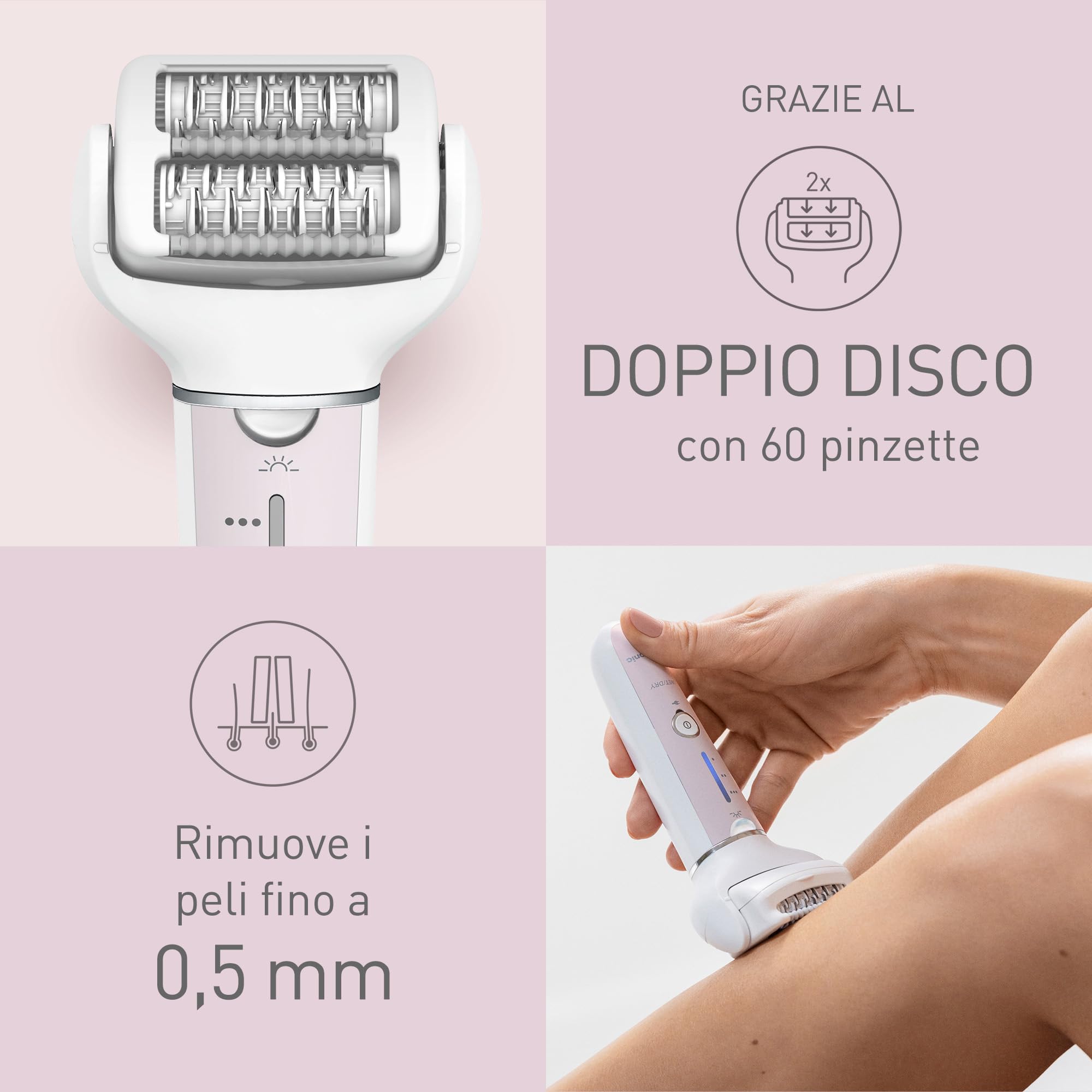 Panasonic ES-EYL9-P503 Cordless Wet & Dry Epilator and Eyebrow/Facial Epilator for Women, Short Hair Removal, 3 Speeds, Foot Care Accessories and Bikini Trimmer, White/Light Purple