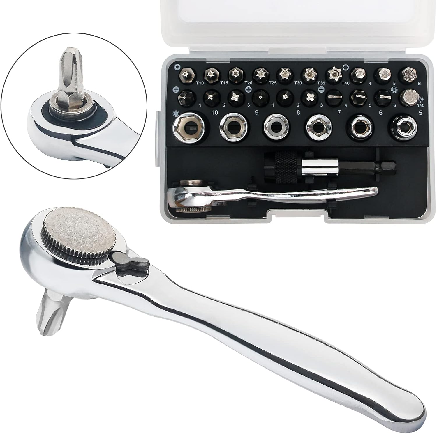 SHARDEN 1/4 Mini Ratchet Set 28pcs Right Angle Screwdriver and Bit with Metric Socket Set, 72 Tooth Small Ratcheting Wrench Offset Screwdriver Low Profile Stubby Ratchet for Tight Spaces