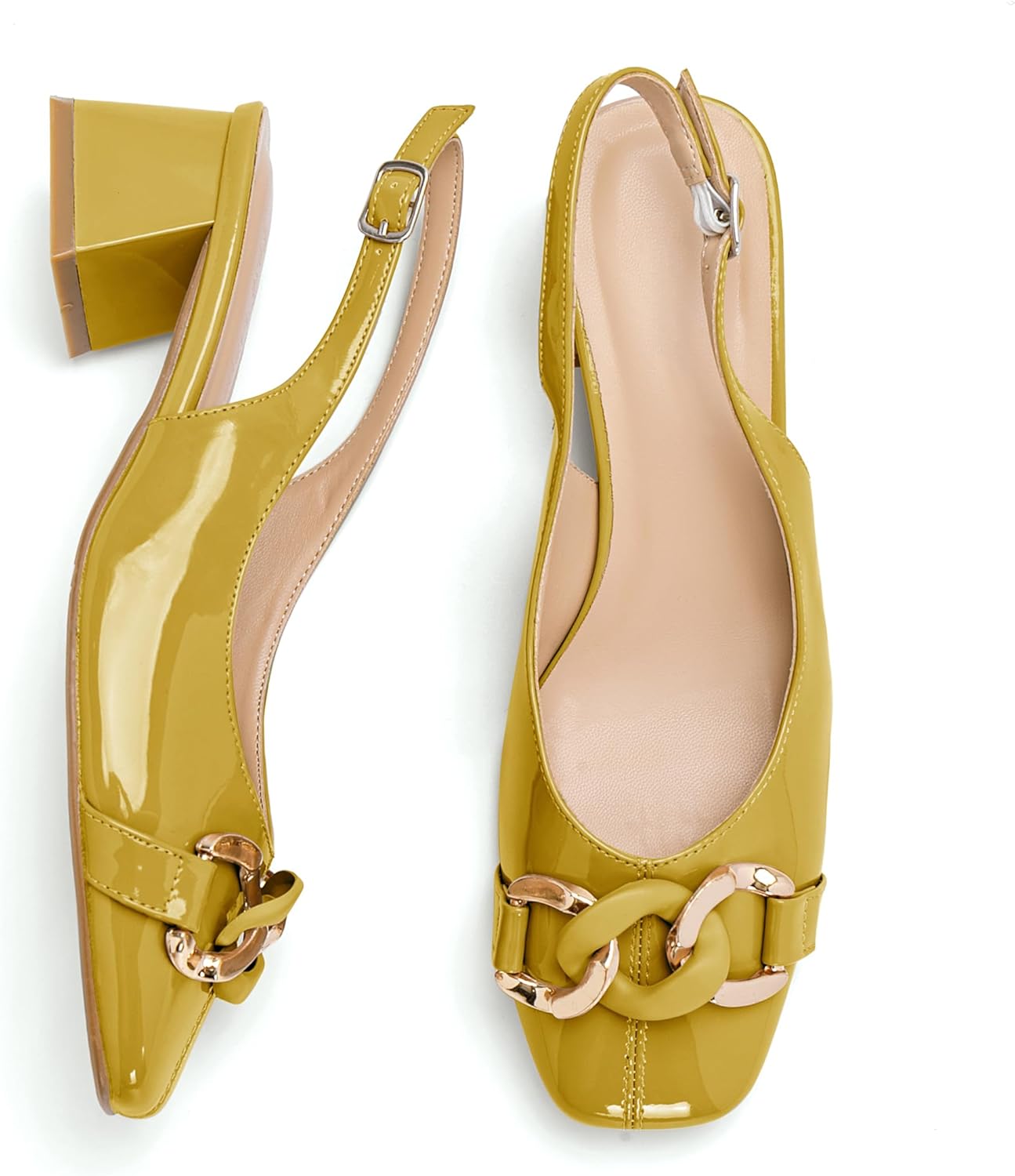 Women's Pumps Square Toe Heels Low Block Heel Ankle Buckes Slingbacks Pump Comfortable Casual Dressy