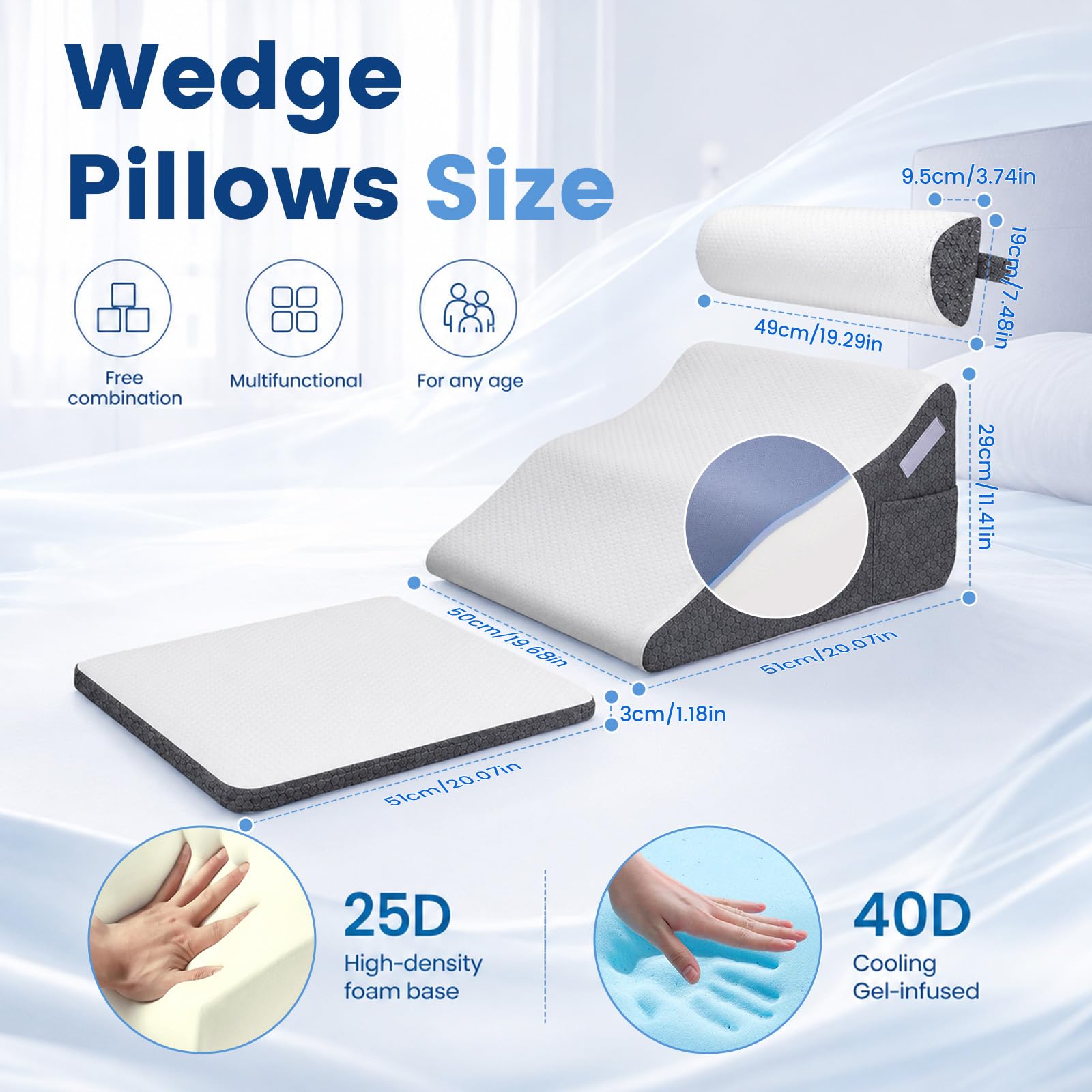 Cuscino a cuneo a forma di curva, ergonomico ortopedico per letto e divano, cuscino a cuneo regolabile, in schiuma ad alta densità, cuscino da lettura per sollevare le gambe, perfetto cuscino per la