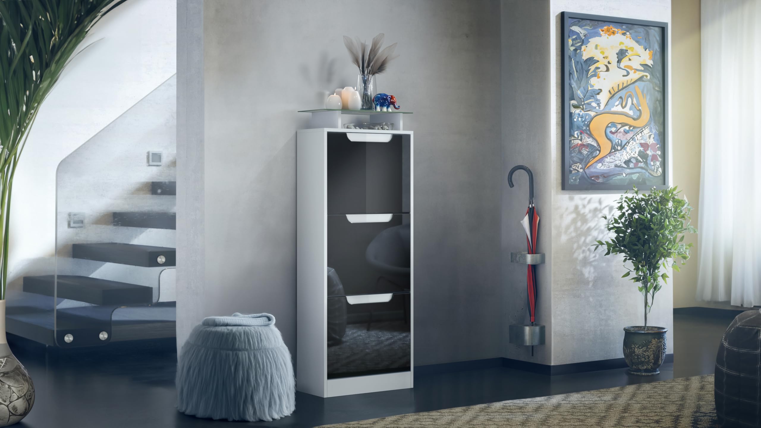 Vladon Schuhschrank Space V2, Schuhkipper für 12 Paar Schuhe mit 3 Klappen und Glasablage, Weiß matt/Schwarz Hochglanz (46 x 128 x 23 cm)