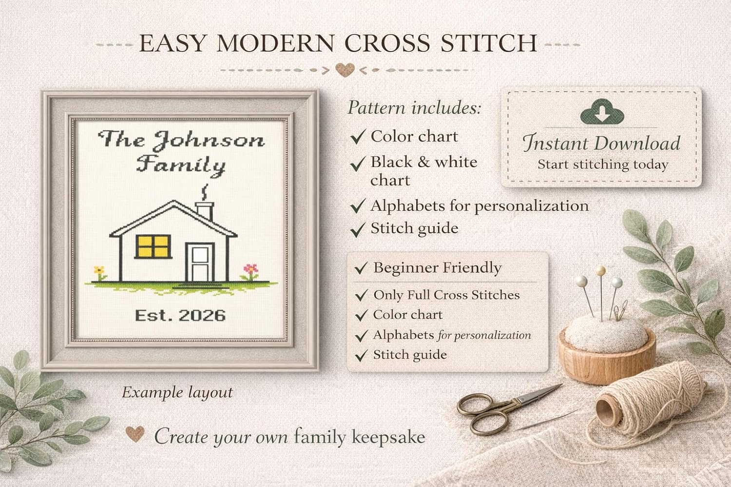 Personalized Family House Cross Stitch Pattern PDF, Custom Family Name Embroidery Design, Modern Home Counted Cross Stitch Chart, Housewarming Gift DIY, Beginner Friendly Digital Download