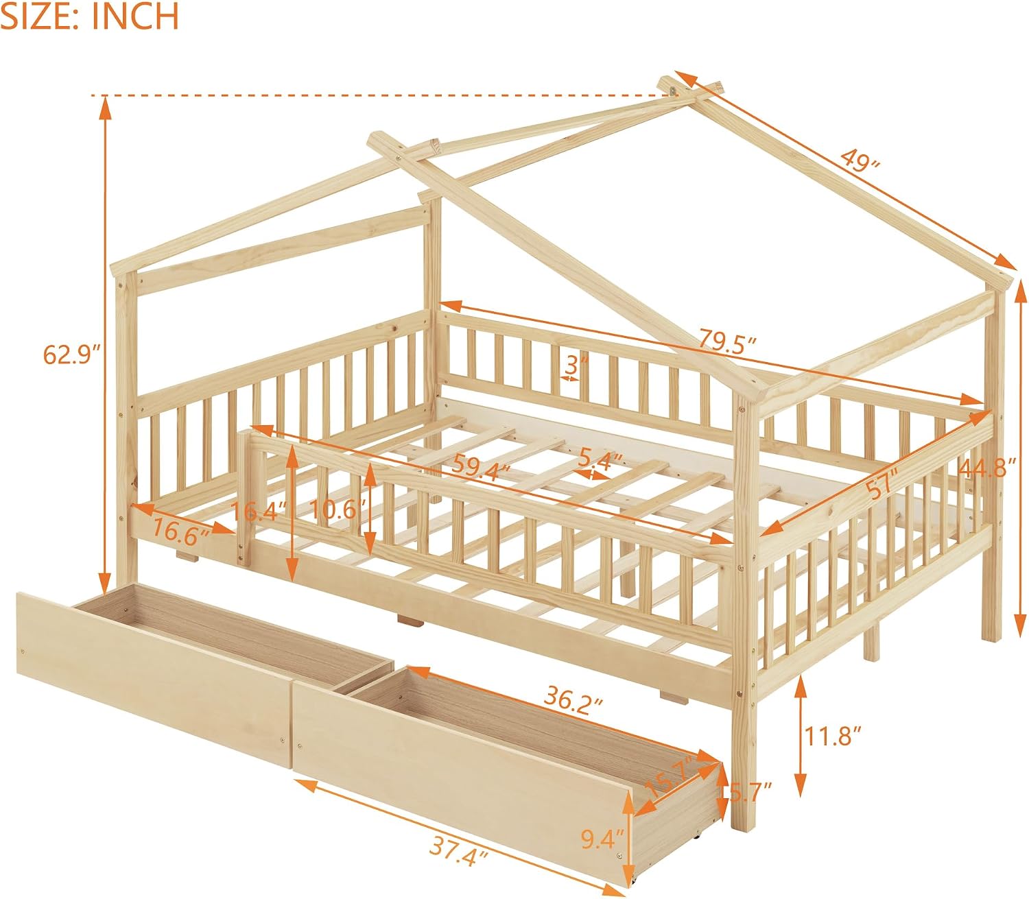 House Bed Full Size with 2 Drawers, Wooden Full Montessori Bed Frame with Rails Fence and Roof, Full Bed for Kids Girls & Boys, Bedroom, Living Room, No Box Spring Needed (Natural)