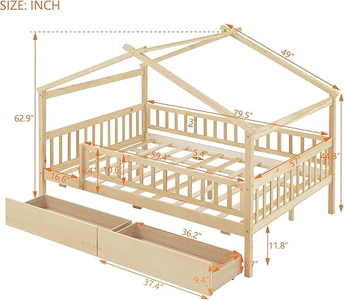 Miniatura 2 de Cama de casa con almacenamiento para vallas, camas de tamaño matrimonial estilo Montessori con barandillas y 2 cajones, marco de cama de madera para