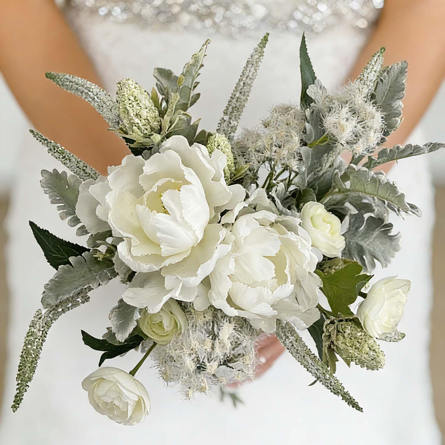 2 White Fake Flower Bouquets Mixed with White Tulip Peony and Greenery Stems, Artificial Flowers for Indoor Outdoor Home Office Table Centerpiece Decor, Wedding Bridal Farmhouse Decor
