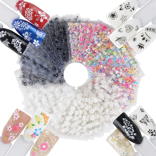 90 Sheets 3D Self-adhesive Nail Art Stickers for Gel Nails - Nail Stickers for Nail Art, Flower Nail Decals Stickers for Women Girls - Various Floral Patterns