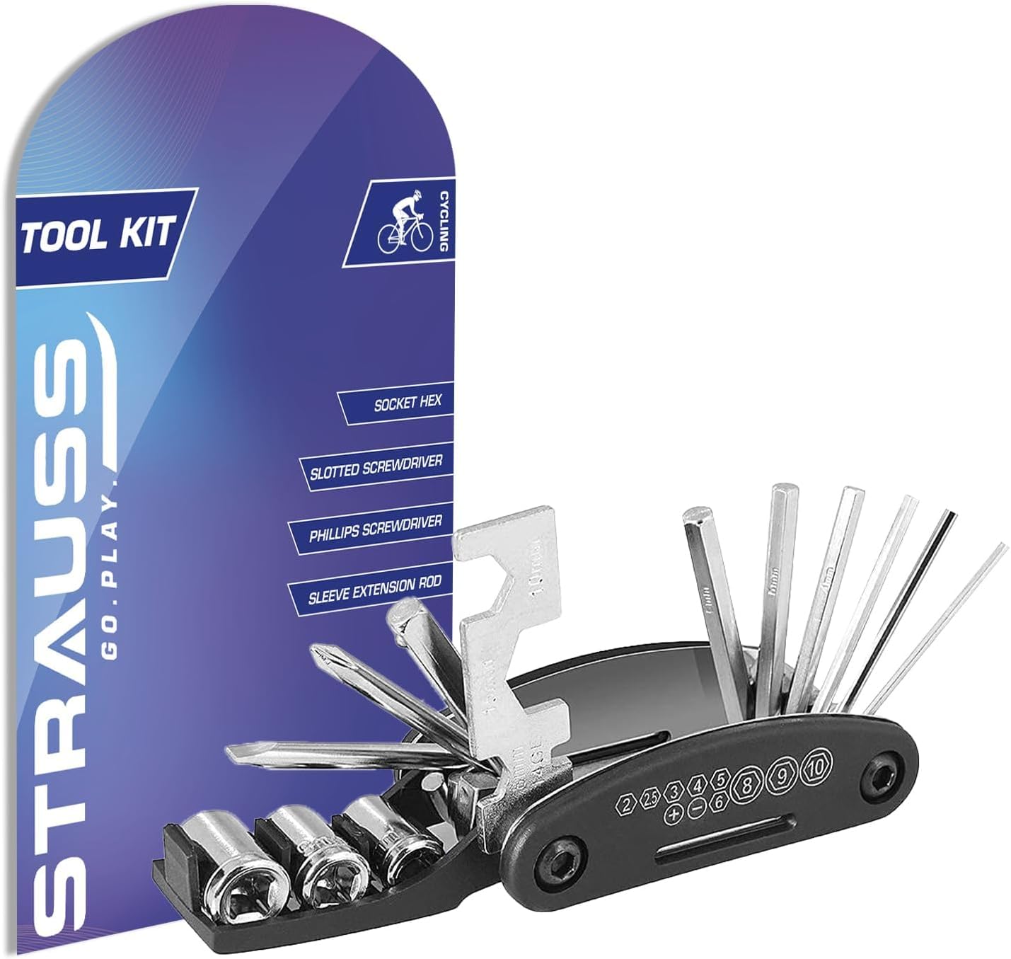 Strauss Bicycle Repair Tool Kit | 16-in-1 Multi-Purpose Set with Screwdrivers, Wrenches, Spanners, Nail Puller & Extension Rod | Portable & Compact Cycling Maintenance Equipment for Bike