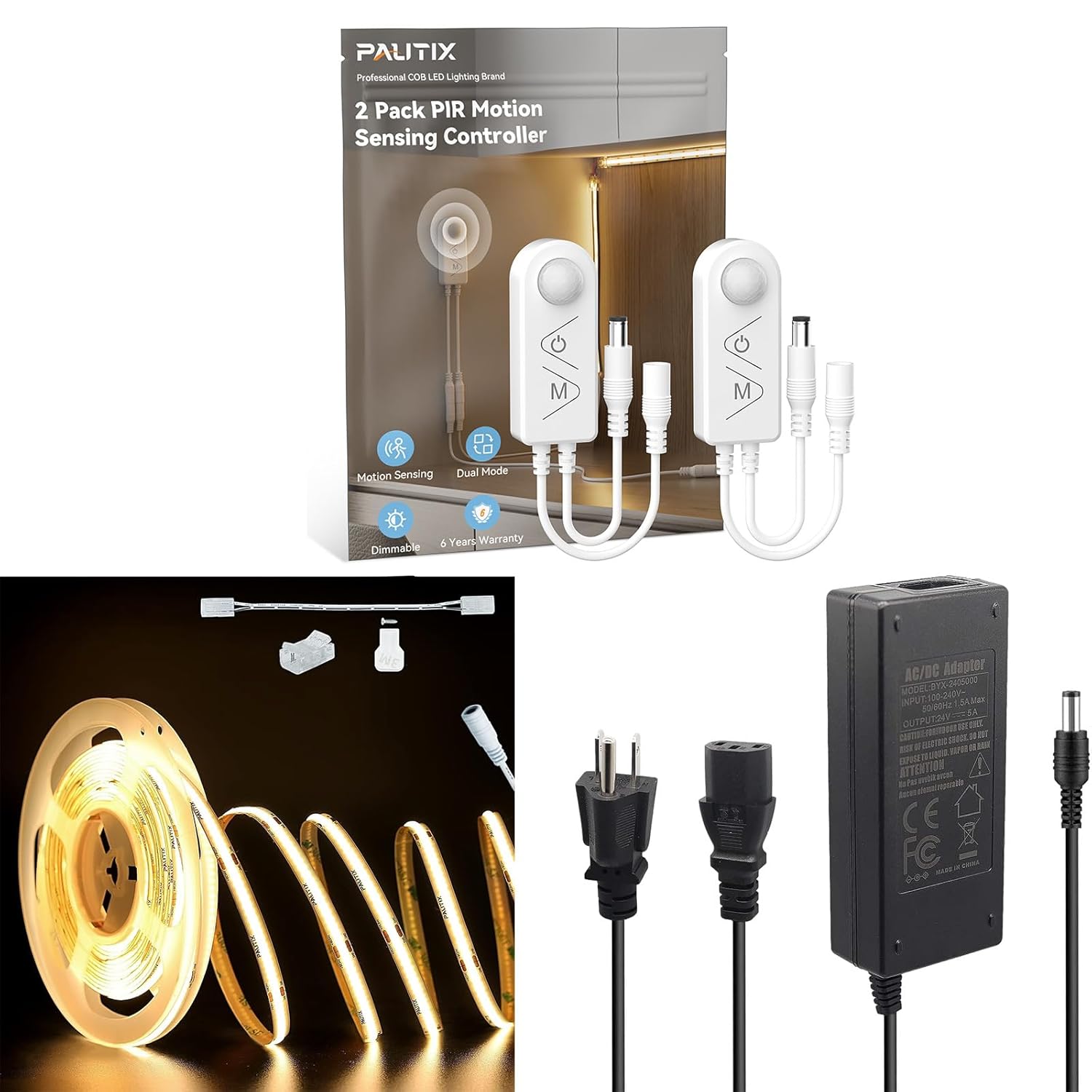 PAUTIX Motion Sensor PIR Motion Activated Sensor Light Switch LED Controller Dimmer, 24V Power Supply Adapter 5A 120W,COB LED Strip Light 32.8ft/10m 5040LEDs Warm White 2700K