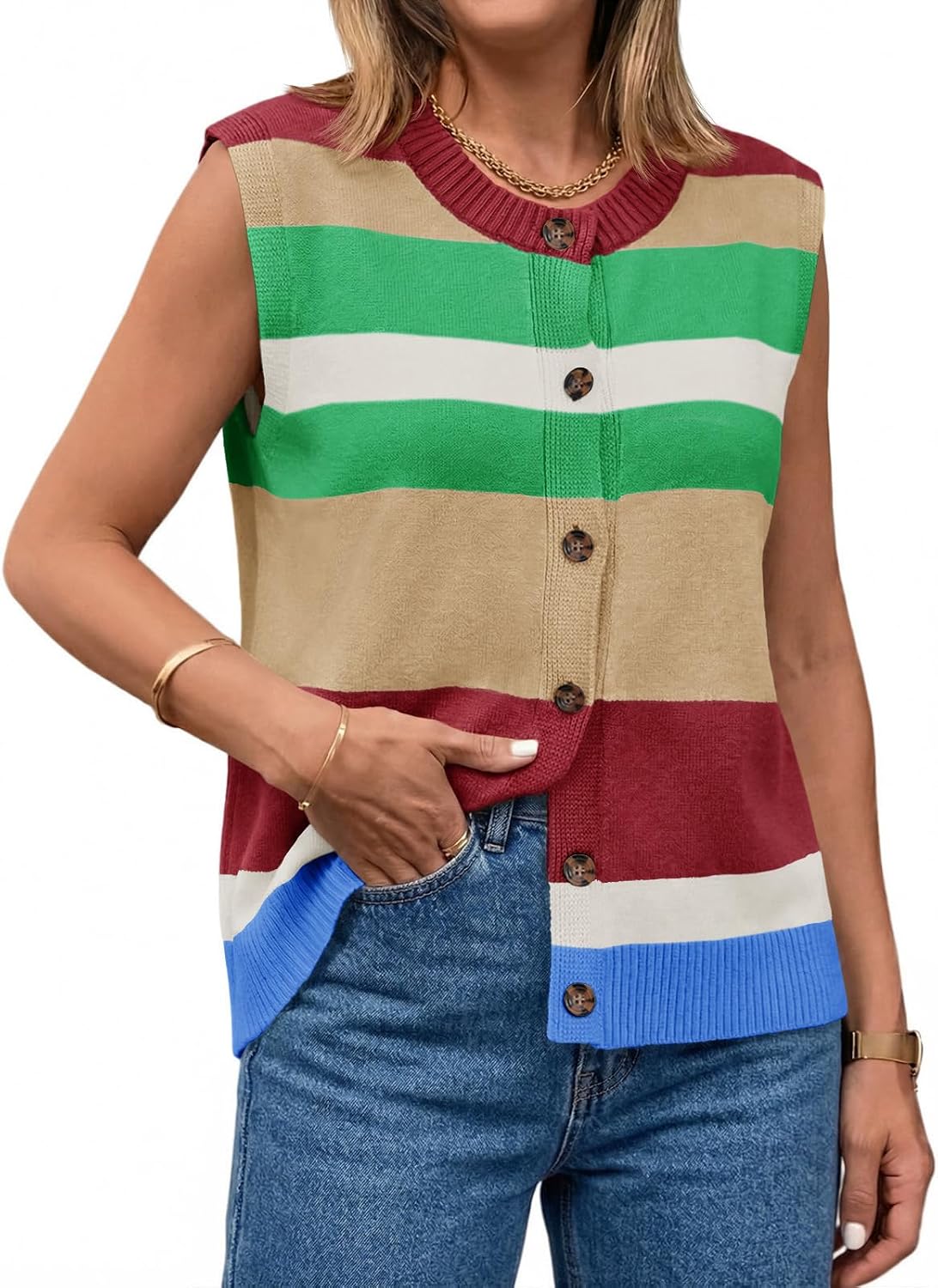 Tankaneo Womens Color Block Striped Sweater Vest Tops Summer Casual Button Up Knit Sleeveless Cardigan Tank Tops