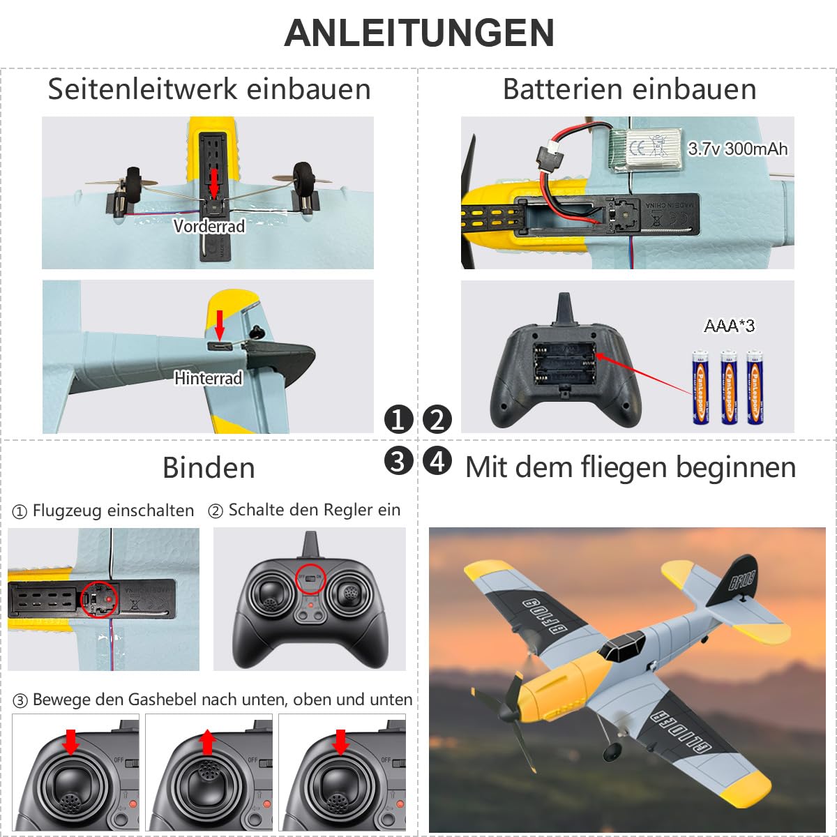 HAWK'S WORK 3-Kanal-RC-Flugzeug BF-109, Ferngesteuertes Flugzeug, flugbereit, 2.4GHz 6-Achsen Gyro Stabilisator, Einfach zu fliegen für Kinder und Anfänger