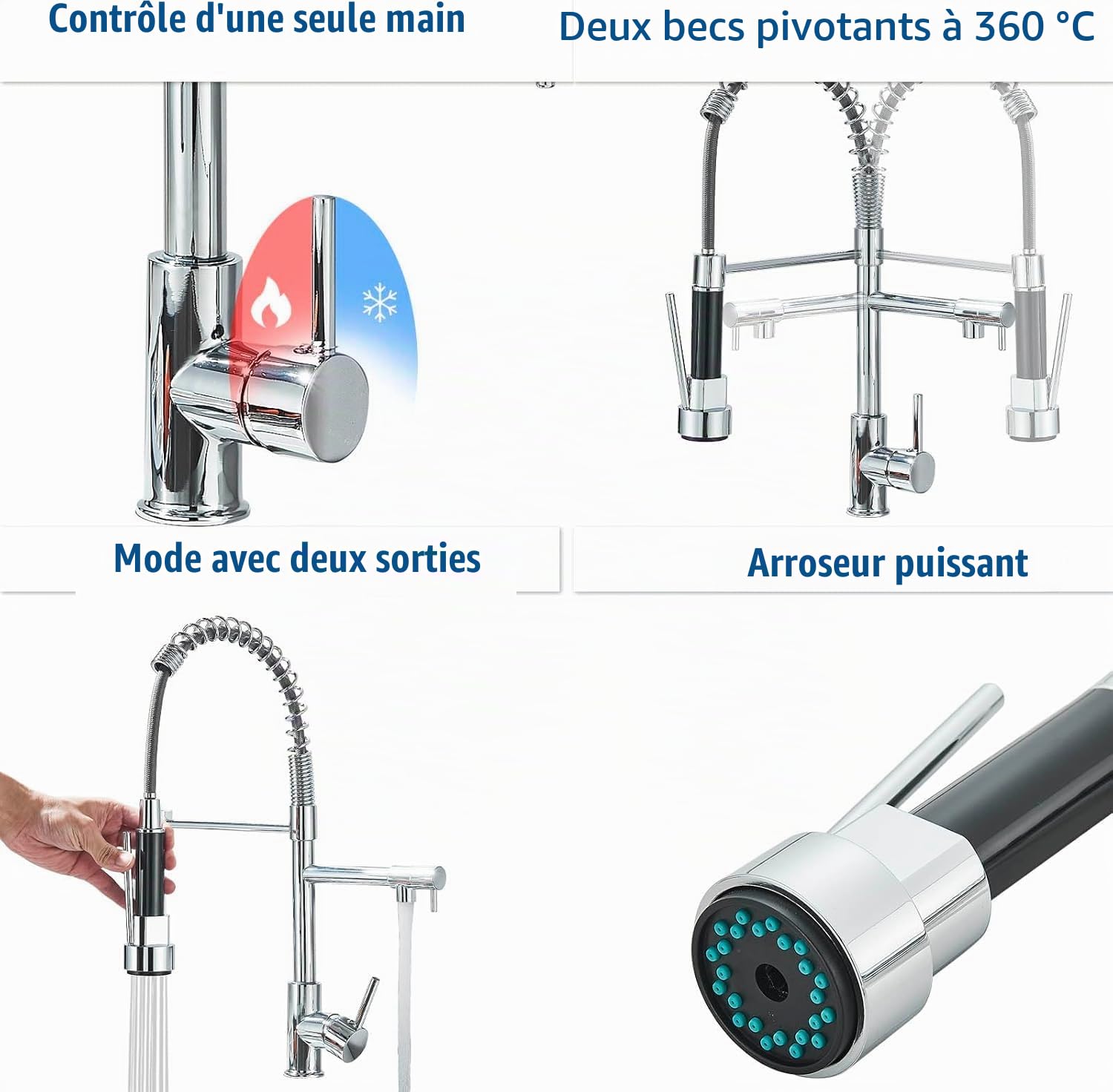 Robinet de cuisine Pivotant à 360° Mitigeur monocommande 2 jets Avec Pulvérisateur Double Fonction,Laiton Chromé