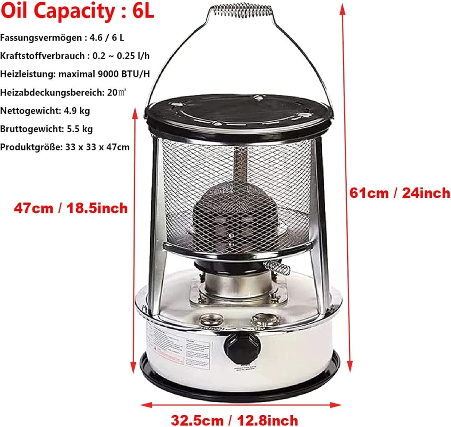 Efficient Petroleum Heater, Portable Petroleum Stove For Indoors, Radiant Heater With Automatic Extinguisher And Perimeter Protection, for Emergency Heating(Color:White 6L)