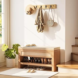 Shoe Bench with Storage Drawer, Farmhouse Wooden Entryway Bench with Lin...