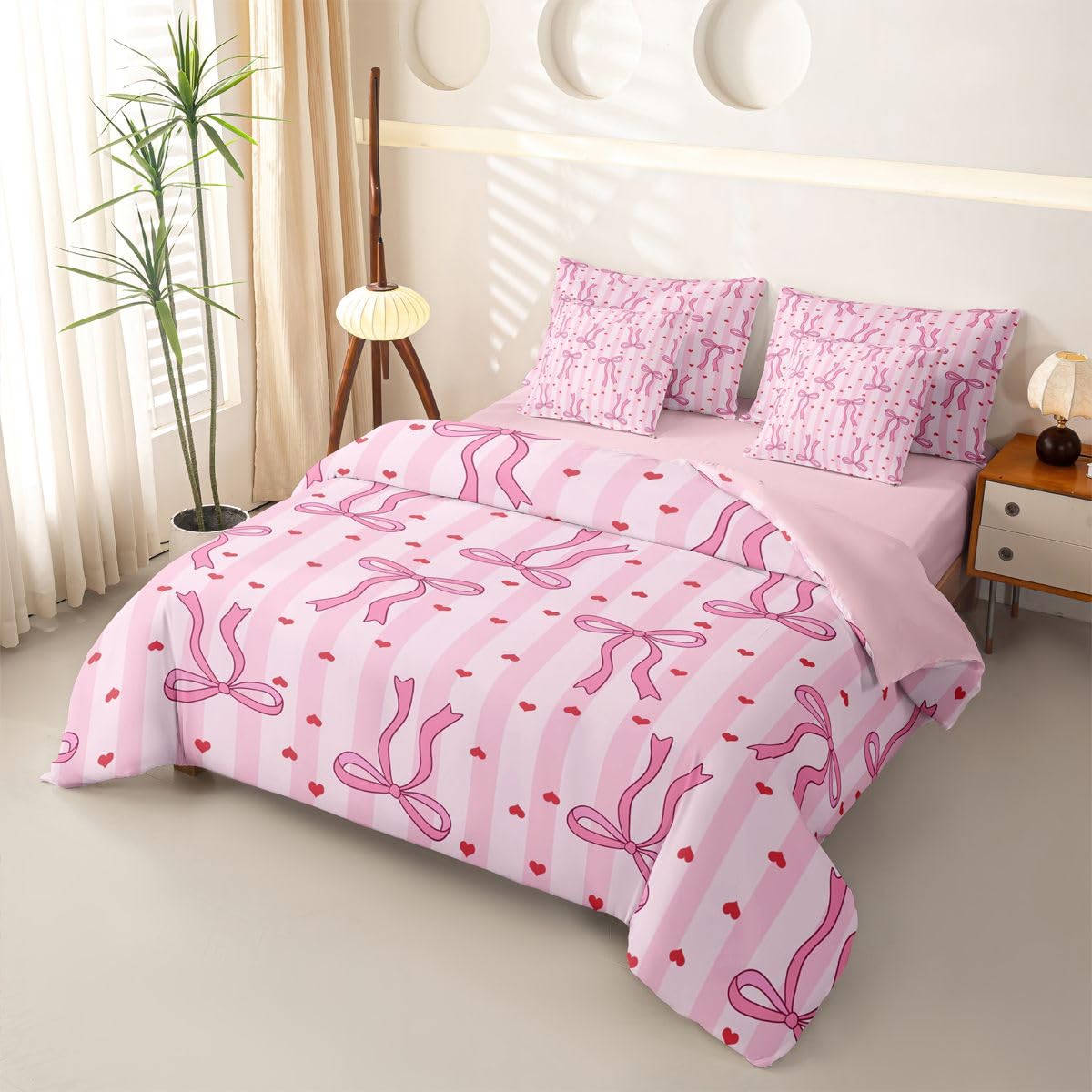 Loussiesd Copripiumino con lenzuola, 7 pezzi, per letto singolo, con grazioso fiocco kawaii, cuori, letto in una borsa, per bambini, ragazzi e ragazze, set di biancheria da letto a righe geometriche