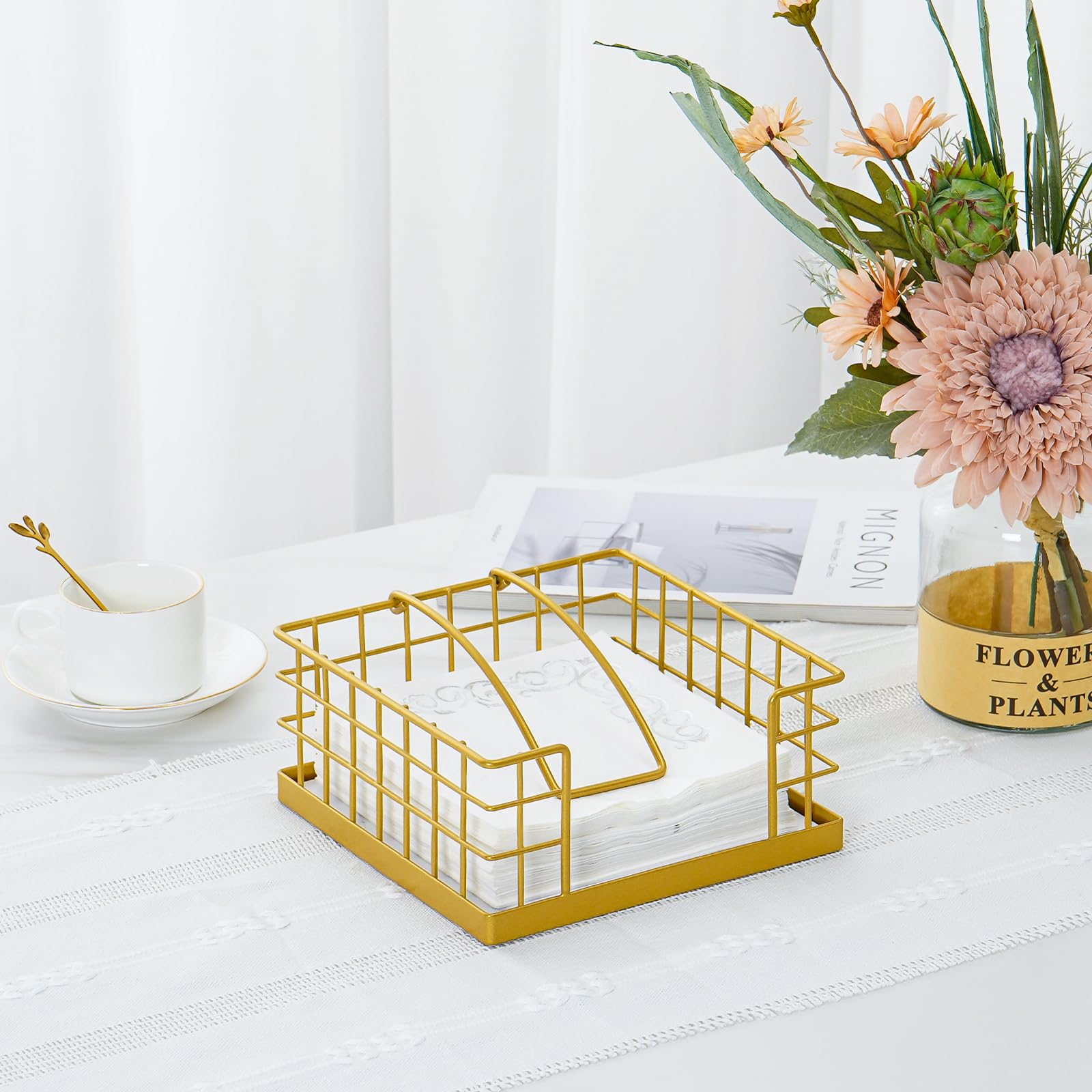 Honiter Napkin Holder for Table, Flat Napkin Holder with Weighted Arm, Square Paper Napkin Holders, Gold Napkin Holder for Kitchen, Restaurant, Farmhouse, Dinner, Outdoor (With Marble Base, Gold)