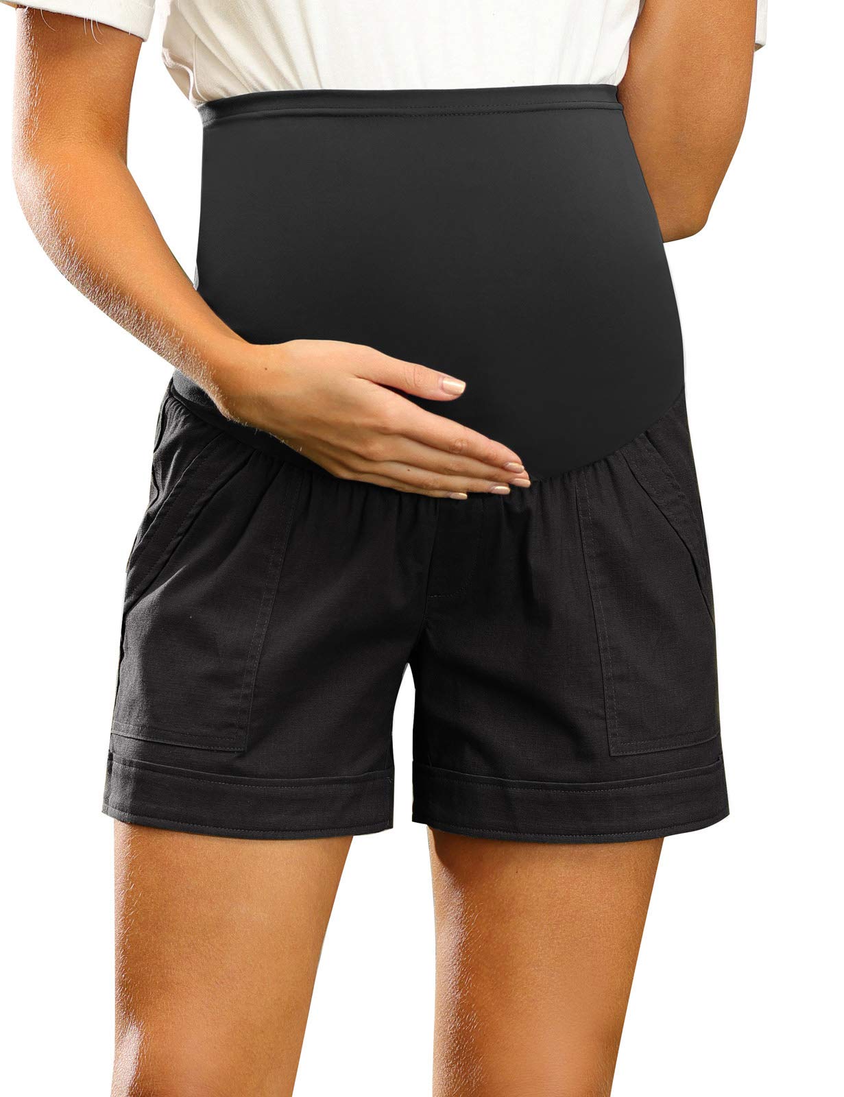 Maacie Short de maternité en coton confortable avec poches sur le ventre, noir, Taille M