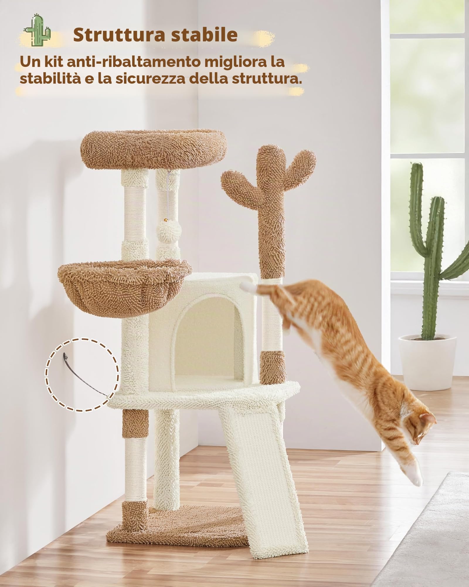 Yaheetech Albero Tiragraffi per Gatti a Forma di Cactus in Truciolato e Corda di Sisal 42,5 cm × 42,5 cm × 106,5 cm Beige/Marrone