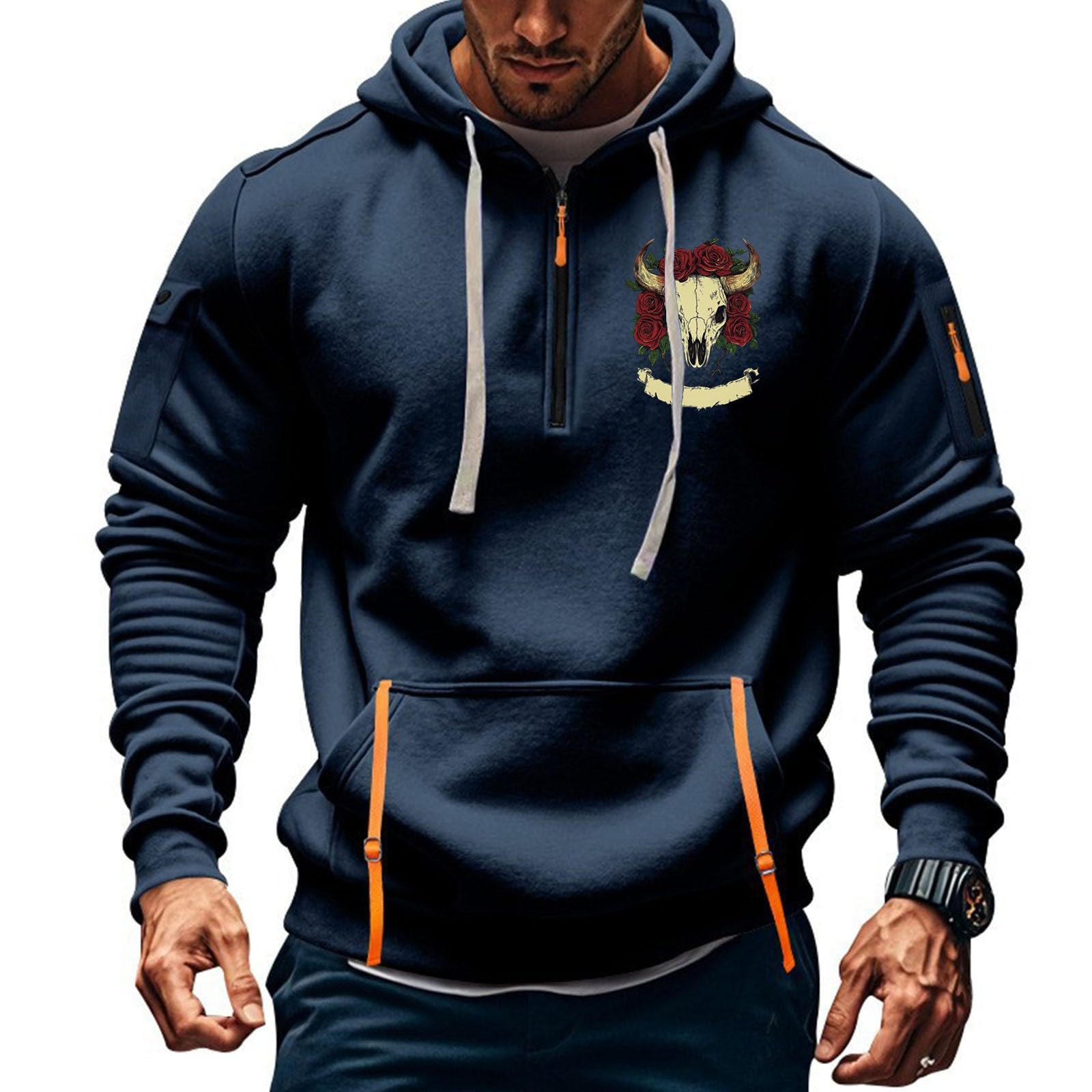 HAOLEI 2025 Sudaderas Hombres,Sudaderas Hombre con Capucha con Media Cremallera Camiseta Manga Larga Hombre con Bolsillo Vintage Impresión Pullover Deportivo Casual Jersey Hombre Gran Tamaño S-5XL