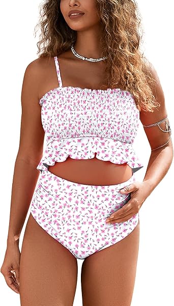 Maternity Swimsuit Two Piece Bikini Bandeau Top Hipster Bottom High Waisted