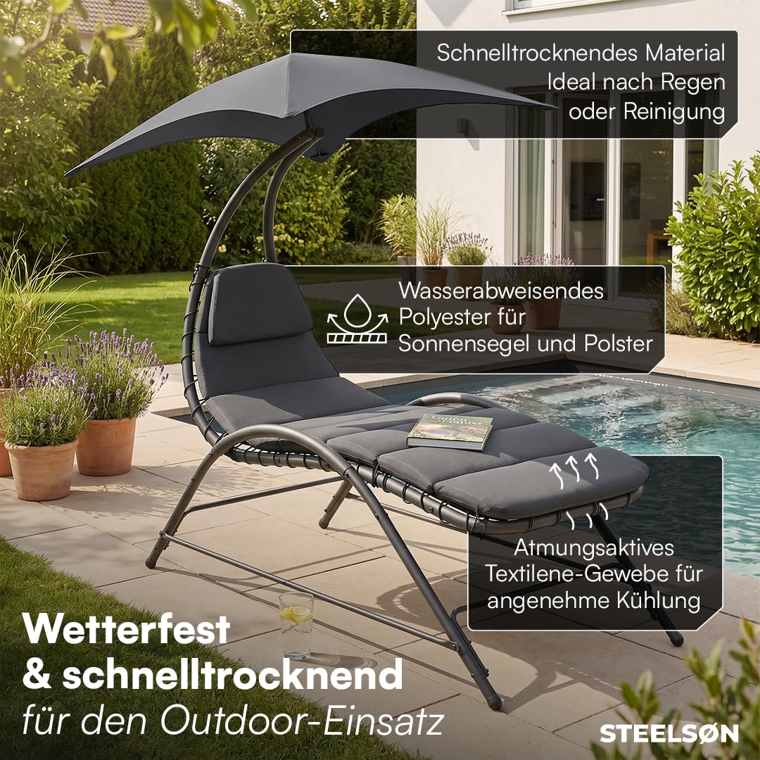 STEELSØN Nyria Sonnenliege mit Kissen Anthrazit – Gartenliege verstellbares Sonnendach – Liegestuhl bis 120 kg – Balkonliege wetterfest – Relaxliege großzügige Liegefläche – Outdoor Liege mit Gestell