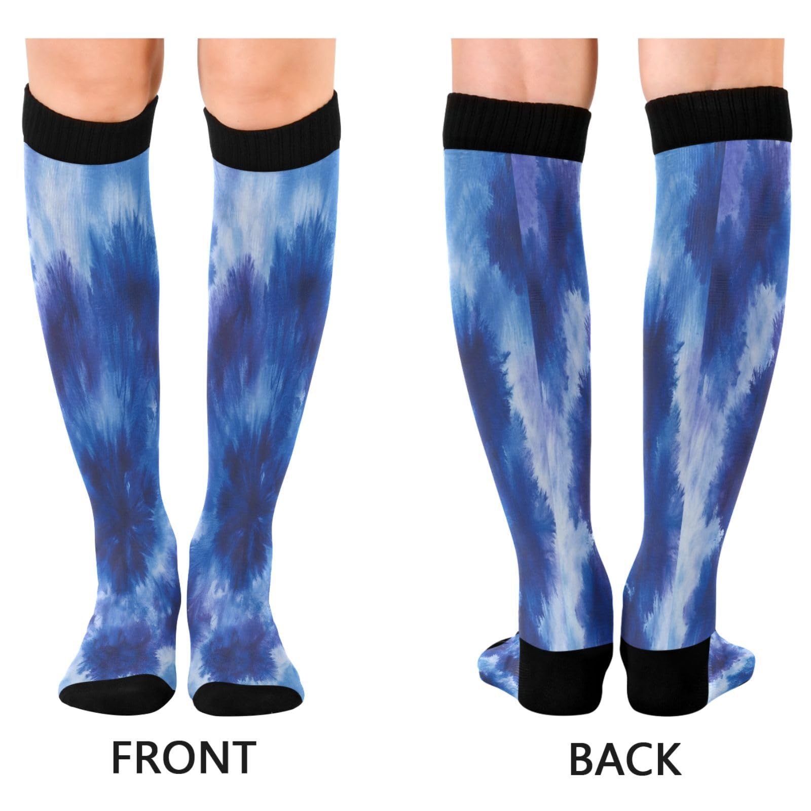 CEBUGI Blue Tie-dye Compression Long Socks Women Men Knee High Running Socks for Sports Hiking Travel,1 pair