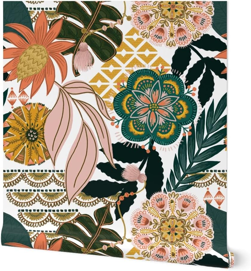 Spoonflower Peel & Stick Wallpaper 3ft x 2ft - Boho Tropical Gold Mustard Mandala Bohemian Coral Botanical Maximalist Paradise Monstera Palms Custom Removable Wallpaper