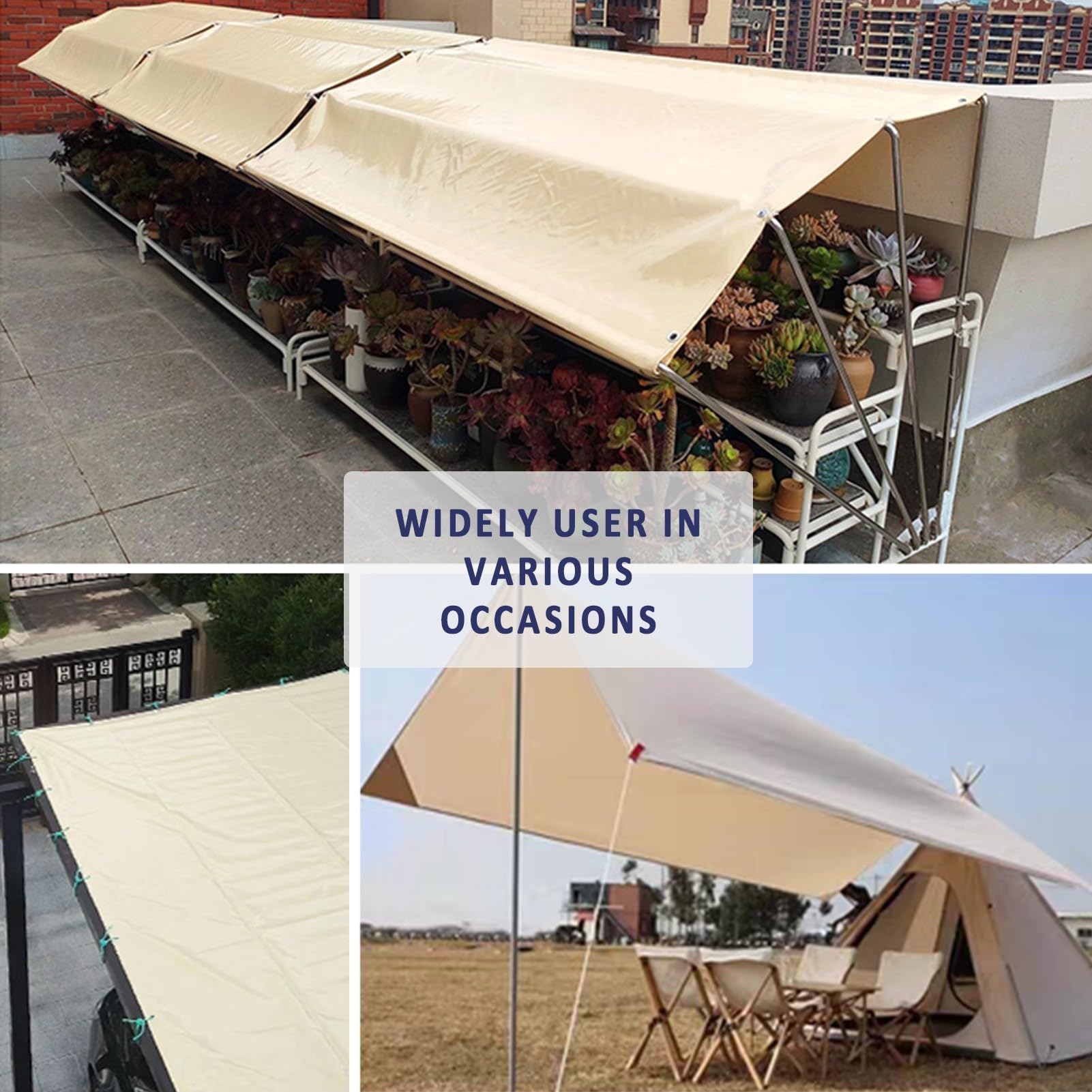 Telo cerato beige, resistente, 500 g/m², telone impermeabile, 2 x 2 m, 3 x 4 m, 4 x 6 m, 5 x 5 m, teli di fondo, tenda Yopappol, antipioggia, con occhielli.(5x5m)